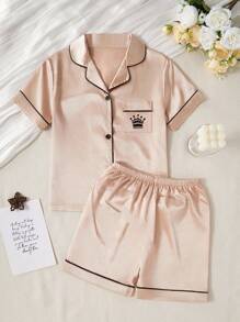 青少年女孩睡衣套装 - 舒适纯色柔软面料口袋皇冠刺绣领开衫和短裤，2 件套返校时尚 - 香檳色 - 查看 1