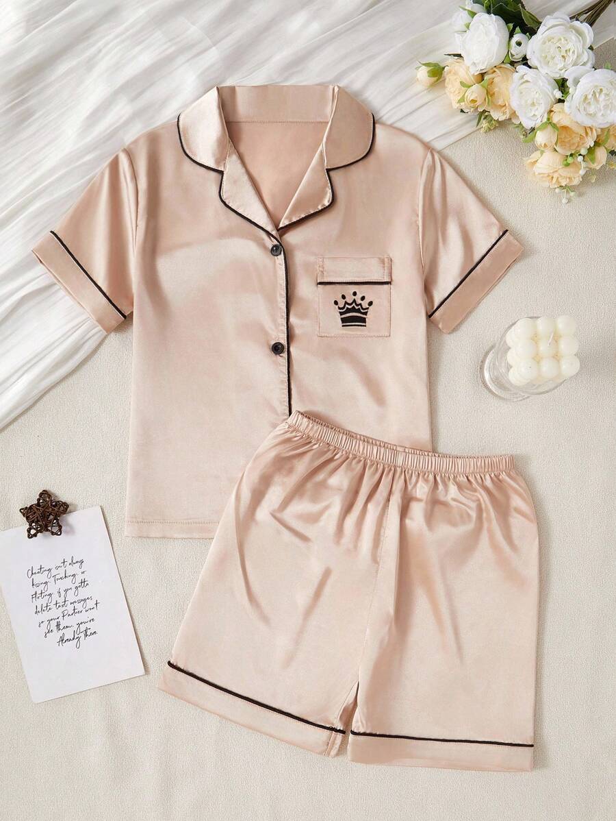 青少年女孩睡衣套装 - 舒适纯色柔软面料口袋皇冠刺绣领开衫和短裤，2 件套返校时尚 - 香檳色 - 查看 1