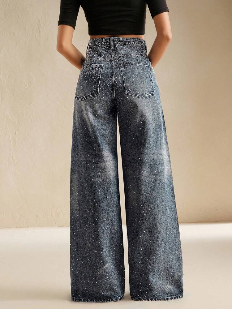 Women's High Waist Pockets Wide Leg Distressed Washed Blue Jeans