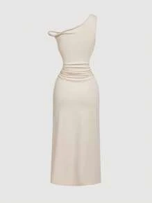 SHEIN MOD Damenkleid mit hohem Schlitz, asymmetrischer Schulterpartie, Metallschnalle, tailliert, langes Apricot-Kleid, Hochzeitsgastkleid Damen, Geburtstagskleider für Damen, Country-Konzert-Outfit, Partykleider für Damen, Brunch-Outfits für Damen, elegante Outfits für Damen, Teeparty-Kleid, Boho-Kleidung Damen, Büro-Outfits für Damen, Arbeitskleidung Damen, Kleidung für den Schulanfang, Flughafen-Outfit für Damen, One-Shoulder-Kleid, beiges Kleid - Aprikosenfarben - Übersicht 2