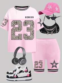 Sports Jersey Outfit, Racecar Pattern, Leopard Print, Star Graphic No. 23, Neon Pink, Teen Girl Casual Minimalist Short Sleeve Loose T-Shirt And Leggings Set, Summer