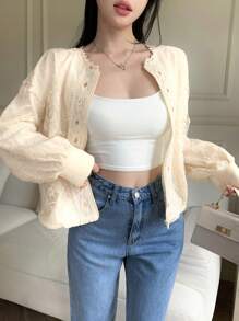 DAZY 优雅蕾丝圆领宽松女式衬衫，秋季女装长袖上衣 - 米色 - 查看 4