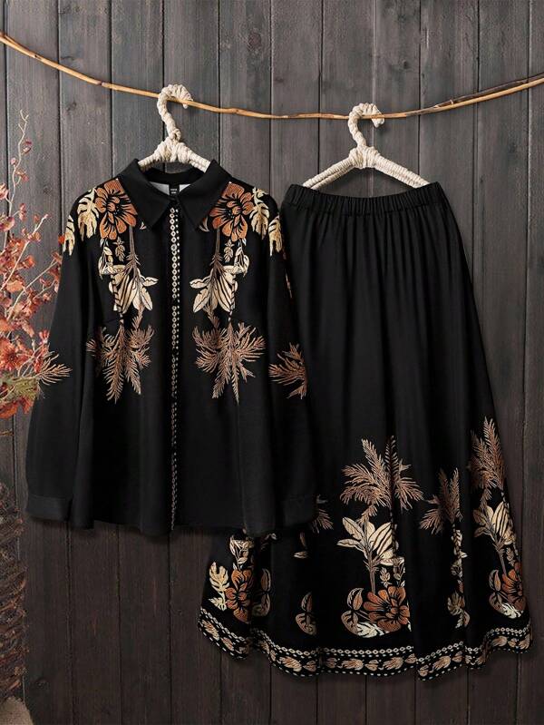 Linhara Elegant Commuter Casual Floral Versatile Comfortable Fabric Button Cardigan Blouse With Elastic Waist Skirt 2Pcs Set, Suitable For Spring Summer Autumn, Plus Size, Apricot Color