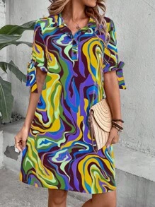 Women's Marble Print Short Sleeve Loose Polo Collar Casual Vacation Dress - Multicolor - View 3