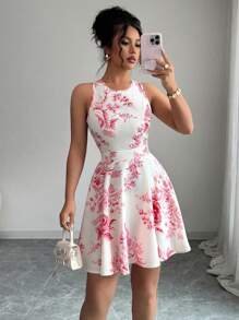 Elenzga Round Neck Random Floral Print Waist Slimming Spring/Summer Resort Sexy Backless Hollow-Out A-Line Floral Ruffle Hem Vintage Luxurious Mini Sleeveless Dress