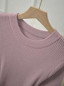 SHEIN Franclia 女式短袖优雅修身圆领装饰纽扣针织连衣裙 - 粉色 - 查看 5