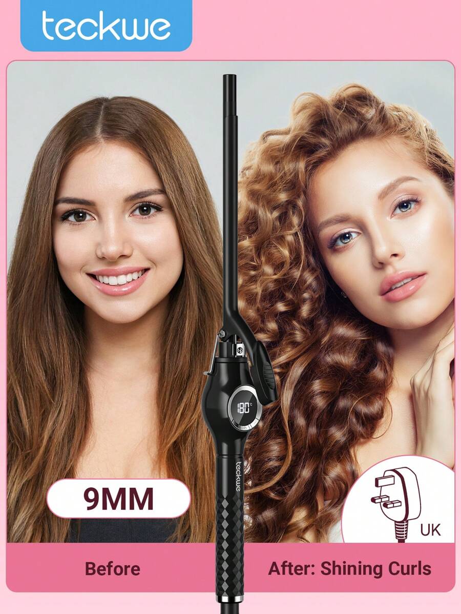 Teckwe 9mm Tiny Curling Wand,Ceramic Small Barrel Curling Iron With Adjustable Temperature,Fast Heating,For Short & Long Hair-UK Plug - Black - View 1