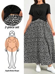 SHEIN Essnce Conjunto de dos piezas de verano para mujer talla grande, conjunto de manga corta, conjunto de falda estampada de dos piezas, conjunto casual y cómodo para mujer talla grande, ropa de mujer estampada, conjuntos de verano para mujer, conjuntos de salón para mujer, conjunto de dos piezas para vacaciones, conjunto de 2 piezas de verano, conjuntos de verano para mujer - Negro - Ver 1