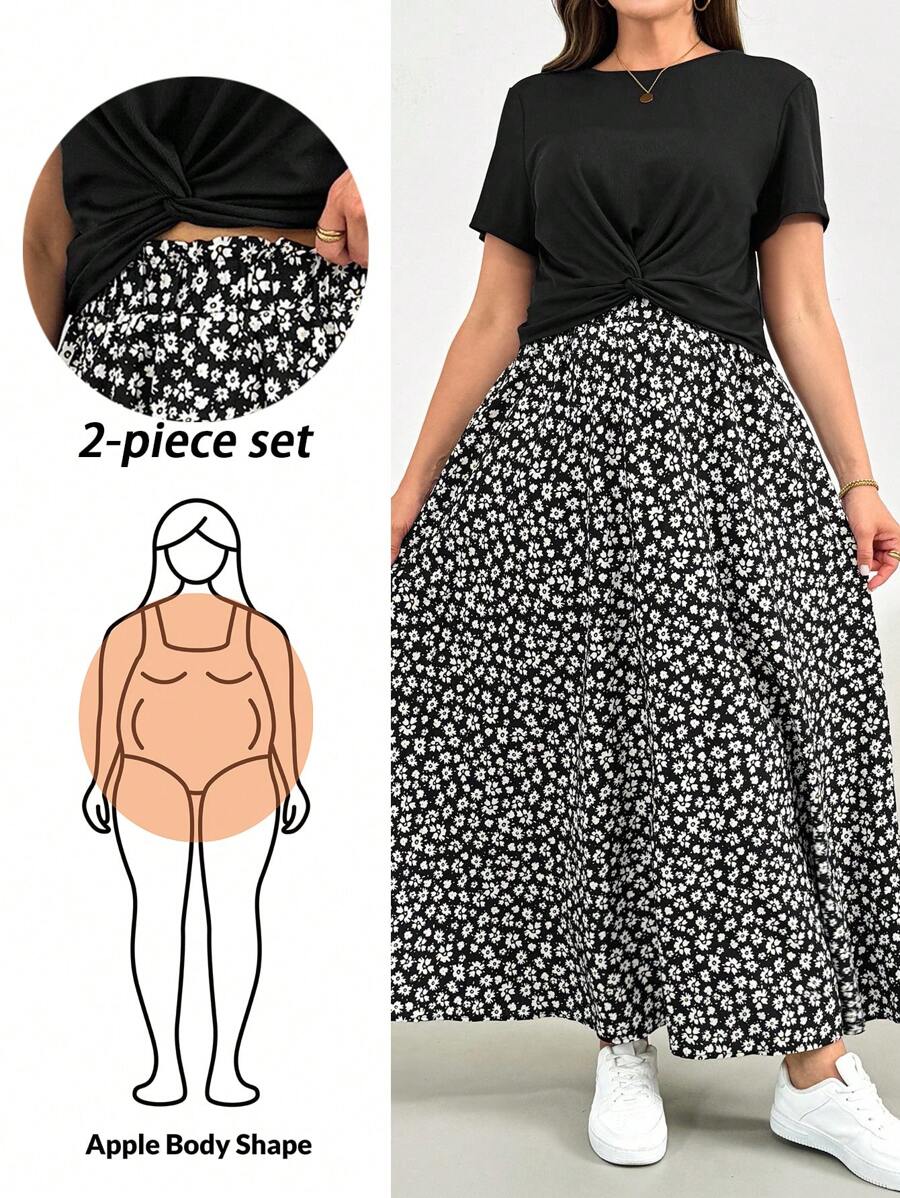 SHEIN Essnce Conjunto de dos piezas de verano para mujer talla grande, conjunto de manga corta, conjunto de falda estampada de dos piezas, conjunto casual y cómodo para mujer talla grande, ropa de mujer estampada, conjuntos de verano para mujer, conjuntos de salón para mujer, conjunto de dos piezas para vacaciones, conjunto de 2 piezas de verano, conjuntos de verano para mujer - Negro - Ver 1