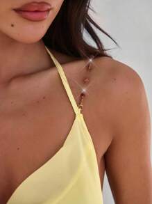 Aloruh Đầm Maxi Dài Ôm Sát Thanh Lịch Cổ Tròn Hở Lưng Đính Hạt Trang Trí Cho Nữ, Màu Vàng Nghệ Tây - Vàng nhạt - Xem 5