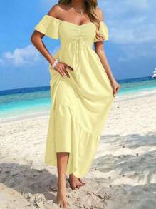 Breezaya Vestido largo de vacaciones con volantes hombros descubiertos de unicolor para vestir en la playa - Amarillo - Ver 4