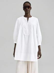 Ontre Vestido casual y elegante de mujer con cuello en V, mangas farol, ribete de volantes. Vestido minimalista y elegante color blanco corte evasé