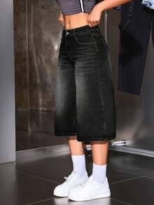 SHEIN ICON 女式休闲低腰阔腿七分宽松牛仔裤 - 深灰色 - 查看 6