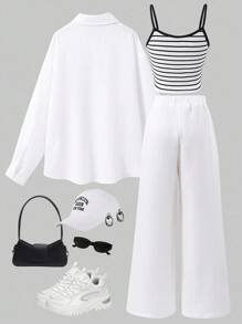 2pcs/Set Girls' Striped Long Sleeve Shirt And Pant, Fashion Summer Outfit For Big Tween Girl - White - View 2