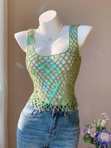 SHEIN EZwear Women's Summer Vacation Hand-Crocheted Heavy Beaded Camisole Sexy Tops Women