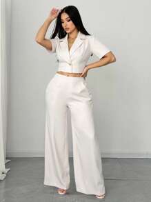 Elenzga Set de 2 piezas Blazer y pantalón ancho de pierna ancha de negocio casual elegante para mujer de talla grande