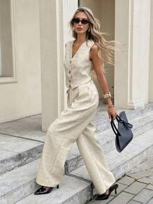 Serisse 2pcs Women Single-Breasted Vest And Pants Set, Solid Color Elegant SummerAsymmetric - Apricot - View 1