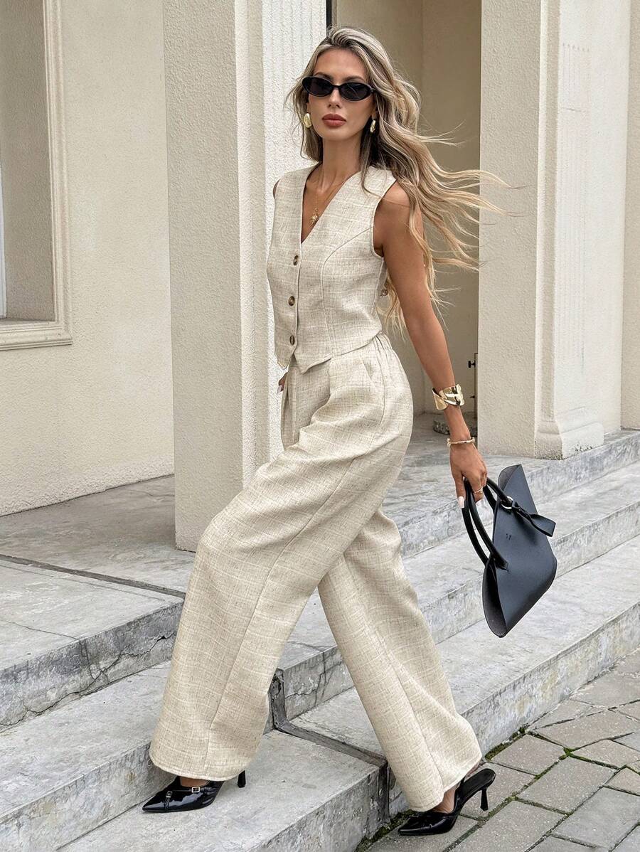 Serisse 2pcs Women Single-Breasted Vest And Pants Set, Solid Color Elegant SummerAsymmetric - Apricot - View 1