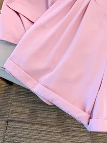 GlowEve CURVE Plus Size Women's Solid Color Lapel Collar Double-Breasted Sleeveless Jacket And Shorts Casual 2 Pieces Set - Baby Pink - View 3