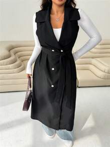 Solflare Women Plus Size Black Sleeveless Casual Trench Coat Sleeveless Blazer Winter Fall Autumn