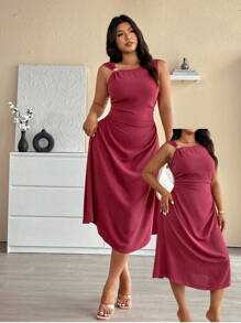 SHEIN LUNE Robe élégante asymétrique à col plissé sans manches pour femmes grandes tailles. Robe de soirée élégante pour femmes. Vêtements pour femmes. Robe d'anniversaire pour femmes. Robe d'été pour femmes. Robe élégante pour femmes. - Rouge - Voir 9