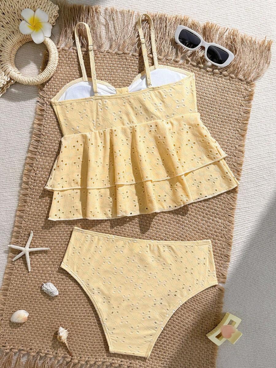 SHEIN Feminine Hollow-Out Solid Color 2 Pieces Swimwear, Suitable For Beach Vacation And Hot Springs Yellow Swimsuit For Teen Girl Two Piece Bathing Suit Yellow Two Piece Swimsuit Teen Girl Bathing Suit - Yellow - View 1