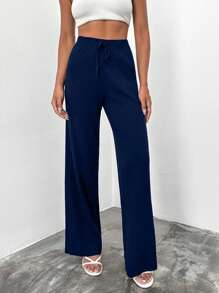 RueChic Women's Solid Color Waist Tied Straight Loose Casual Knit Long Pants