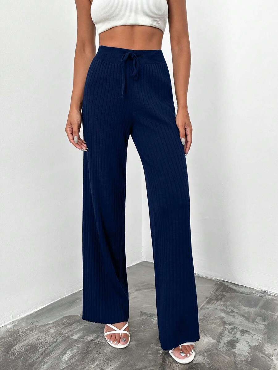 RueChic Women's Solid Color Waist Tied Straight Loose Casual Knit Long Pants