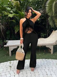 SHEIN SXY Women's Cut-Out Waist Halter Textured Fringe Jumpsuit, For Vacation