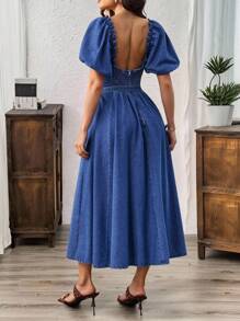 SHEIN LUNE Vestido jeans casual feminino com manga bufante, vestido de formatura de verão, vestidos casuais para mulheres, vestidos de aniversário para mulheres, roupas de cowgirl para mulheres, vestidos para mulheres, vestidos de verão elegantes para mulheres, roupas de trabalho, roupas para shows country, roupas de professora para mulheres - Lavagem Média - View 2