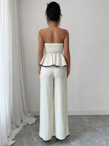 Selianne 2pcs Women Flowers Ruffled Bandeau Top And Pants Set - Beige - View 2