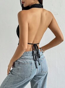 SHEIN PETITE Women's Spring/Summer Spaghetti Strap Black Backless Silver Lurex Halter Top, For Going Out