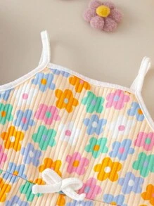 2pcs/Set Girl Toddler Colorful Floral Full Print + Solid Color Comfy Casual Romper, Suitable For Summer