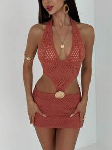 Aloruh Vestido mini con escote trasero sin espalda, decoración de lentejuelas huecas tipo concha, tirantes halter, de tejido de punto, color naranja-marrón, adecuado para primavera y verano de vacaciones