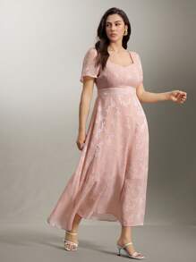 Flouryn فستان نسائي أنيق من قماش الجاكارد باللون الوردي ، مقاسات كبيرة ، للربيع/الصيف - وردي - مشاهدة 7