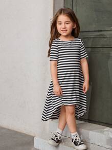 SHEIN NovaGlow Young Girl Young Girl Striped High Low Hem Tee Dress