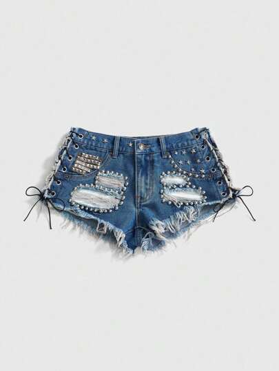 Grunge Punk Short en jean déchiré à la taille basse, lacé, avec rivets, style vintage sexy pour festival de musique, pour femmes