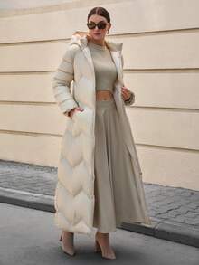 CLARA VERO Damskie jednokolorowe, zapinane na suwak i kieszenie, długie, zimowe płaszcze - Beżowy - Zobacz 4