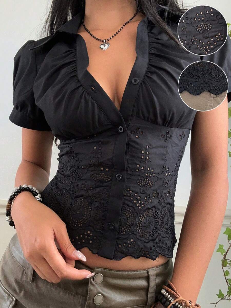 SHEIN EZwear 女式短款泡泡袖褶饰刺绣梭织衬衫 - 黑色 - 黑色 - 查看 1