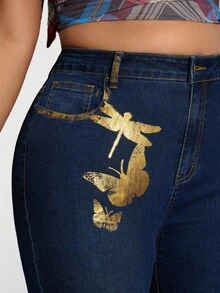 SHEIN ICON Quần Jeans Ống Loe In Hình Bướm Vàng Cỡ Lớn Cho Nữ - Màu xanh lam - Xem 7