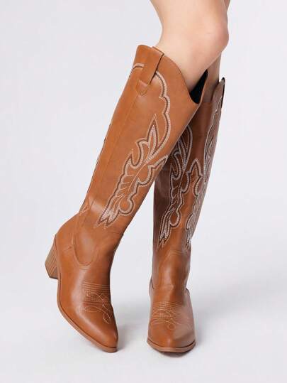 Fairycore Stivali al ginocchio slip-on con ricamo in stile western marrone, dalla sensazione di natura, moda in pelle, nuovi per l'inverno