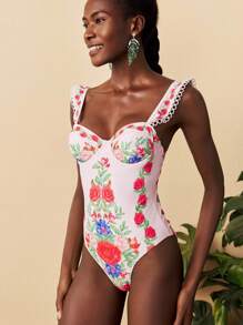 Travachic 1pc Women's Floral Print One-Piece Swimsuit With Cap Sleeves, Fashion Holiday Beachwear