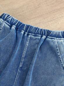 SHEIN 青少年男孩时尚休闲 Y2K 复古酷炫街头返校大学两件套，蓝色针织牛仔宽松长袖T恤搭配舒适宽松阔腿牛仔裤，适合儿童日常穿着，柔软舒适，也适合儿童秋冬季返校、返校节、锐舞派对、音乐节和海滩等场合，街头风校园服饰。 - 藍色 - 查看 4