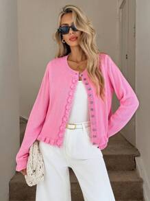 Easowa Fall Winter Women's Single Breasted Long Sleeve Casual Ruffle Trim Knit Sweater Pink Cardigan Women Pink Cropped Cardigan Back To School Business Casual Woman Office Fall Women Sweaters Fall Sweaters Women Sweaters Knit Sweater