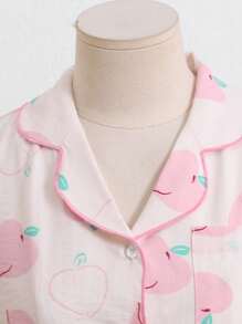 SHEIN 女童水果印花 V 领短袖上衣和宽松裤子两件套睡衣套装 - 米色 - 查看 3