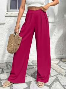 Plus Size High Waist Wide Leg Solid Color Casual Vacation Pants