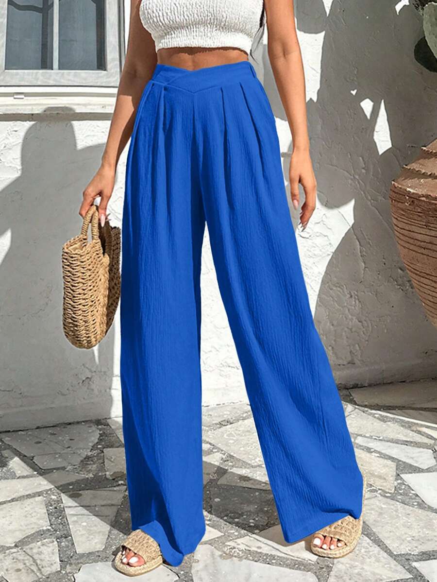 EURMUSE 高腰宽松纯色休闲度假裤