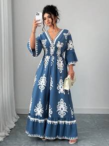 Elenzga 大码蓝白优雅修身褶皱印花束腰连体裤 - 藍白色 - 查看 3