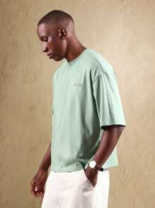 SUMWON Camiseta de lujo con eslogan offline, estampado de montaña, casual oversize, ropa de calle de verano, inspirada en la naturaleza, camiseta gráfica - Verde - Ver 6