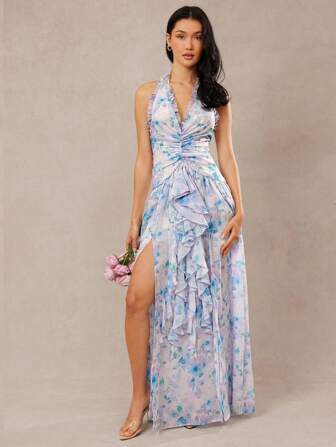 L'Amorae Elegant blommig klänning med hög slits och halterneck, sommar